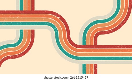 This image features a retro vintage background with horizontal and curved wavy stripes in muted red, orange, teal, and cream, creating a nostalgic...