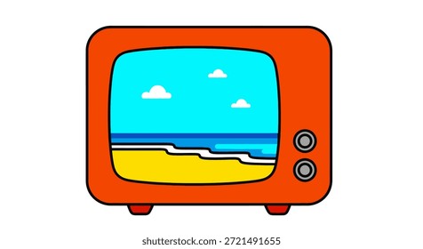 Esta Imagen cuenta con un televisor de estilo retro que muestra un hermoso paisaje de playa. La pantalla muestra un cielo azul claro con nubes esponjosas, un océano tranquilo con suaves olas y una playa de arena, creando un
