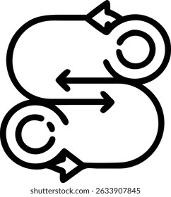 This image features an S shaped diagram with arrows indicating flow. Circular elements are at the ends, all rendered in a clean black outline design.