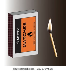 This image features a safety matchbox with an ignited matchstick, symbolizing fire, energy, and controlled ignition.The box has an orange and black design with a flame icon.