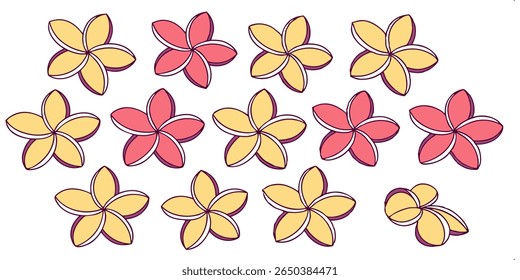 This image features a scattered arrangement of five petaled plumeria flowers. The flowers alternate between yellow and pink, each with a distinct purple outline.