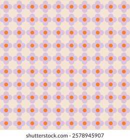 This image features a seamless floral pattern with a retro aesthetic. The design consists of small, stylized flowers arranged in a grid-like formation. Each flower has a soft purple hue 