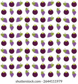 This image features a seamless fruit-themed pattern with a clean white background. The pattern alternates between two types of fruit:
Mangosteen and Grapes