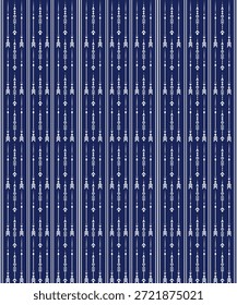 Dieses Bild zeigt ein nahtloses geometrisches Muster mit vertikalen Pfeilen und Stammesmotiven in weiß auf tiefblauem Hintergrund. Das sich wiederholende Design fühlt sich modern und dennoch ethnisch an und eignet sich für Tapeten, Textilien, Stoffe, Packpapier, Branding und zeitgenössische dekorative Hintergründe.