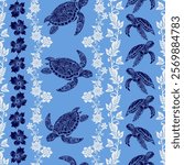 This image features a seamless pattern with intricately designed sea turtles and floral elements on a blue background.