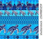 This image features a seamless pattern with intricately designed sea turtles and floral elements on a blue background.