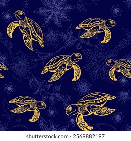 This image features a seamless pattern of golden sea turtles on a dark blue background, with intricate floral designs subtly integrated into the background. The contrast between the gold and blue 