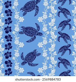 This image features a seamless pattern with intricately designed sea turtles and floral elements on a blue background.