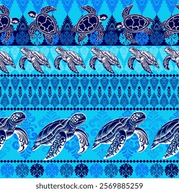 This image features a seamless pattern with intricately designed sea turtles and floral elements on a blue background.