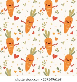 This image features a seamless pattern with cute cartoon carrots. The carrots have expressive faces and arms, creating a playful and cheerful vibe. 