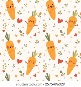 This image features a seamless pattern with cute, cartoon-style carrots. The carrots have smiling faces and arms, surrounded by hearts and small plants.