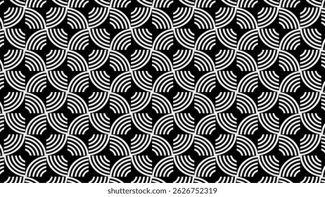 Esta imagem apresenta um padrão sem costura de semicírculos concêntricos em preto e branco, formando um design hipnótico, ondulado. Ideal para decoração moderna, arte óptica ou fundos digitais arrojados.