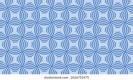 This image features a seamless pattern of concentric semi-circles in blue on a light blue background, creating a soothing, wave-like design. Perfect for modern decor or digital art.
