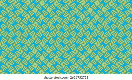 Esta imagem apresenta um padrão perfeito de semicírculos concêntricos em amarelo sobre um fundo azul-petróleo, criando um design vibrante, semelhante a ondas. Ideal para decoração moderna ou arte digital.