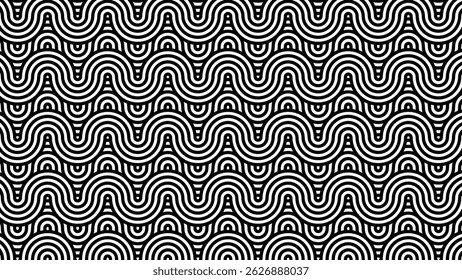 Esta imagem apresenta um padrão contínuo de linhas onduladas, concêntricas em preto e branco, criando um design hipnótico, semelhante a ondas. Ideal para decoração moderna ou fundos de arte óptica.