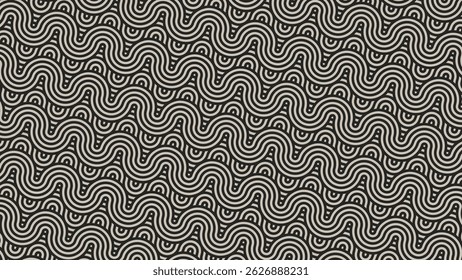 Esta imagem apresenta um padrão sem costura de linhas onduladas, concêntricas em preto e bege, criando um design hipnótico, ondulado. Ideal para decoração moderna ou fundo de arte digital.