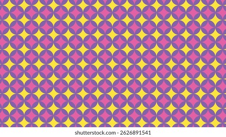 This image features a seamless pattern of diamond-shaped circles in purple, pink, and yellow, creating a vibrant, geometric design. Ideal for modern decor or digital art.