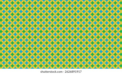 This image features a seamless pattern of diamond-shaped circles in blue, green, and yellow, creating a vibrant, geometric design. Ideal for modern decor or digital art.