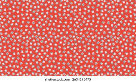 This image features a seamless pattern of white and blue daisy motifs on a red background, creating a cheerful, repeating design. Ideal for modern decor or textiles.