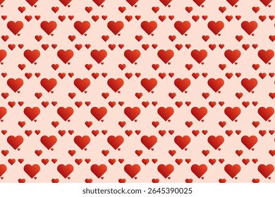 This image features a seamless pattern of red hearts in various sizes scattered across a light pink backdrop, evoking feelings of romance and tenderness.