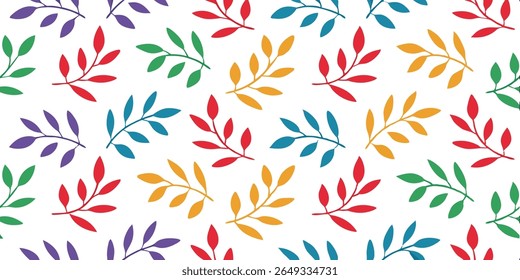 This image features a seamless pattern composed of stylized branches with leaves in bright red, green, blue, and yellow hues against a neutral cream backdrop.