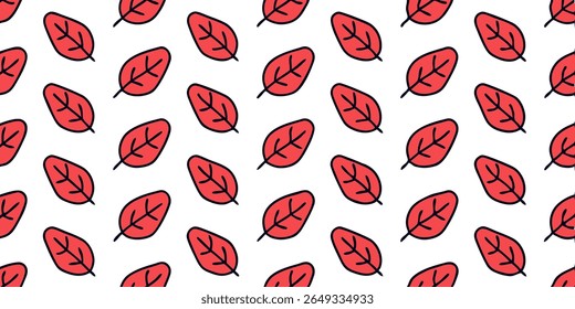 This image features a seamless pattern of stylized red leaves with bold black outlines. The leaves are scattered across a clean white background, creating a minimalist and vibrant design.