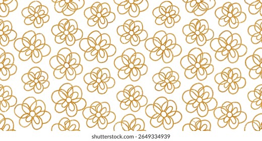 This image features a seamless pattern of abstract, five-petaled flowers rendered in a textured golden line art on a crisp white background.