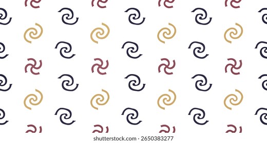 This image features a seamless pattern of stylized swirling shapes. The abstract elements are arranged in a grid and colored in dark blue, burgundy, and gold.