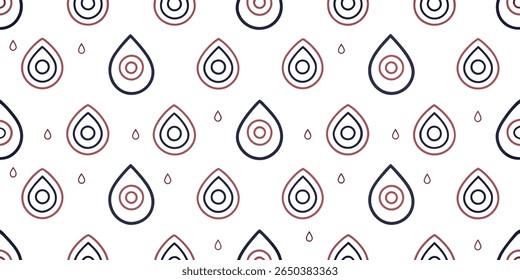 Esta imagem apresenta um padrão perfeito de gotas de água estilizadas em azul marinho e vermelho murcho. As gotículas são delineadas com círculos concêntricos, criando uma estética moderna e limpa.