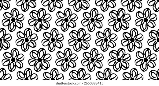 This image features a seamless pattern of stylized, hand-drawn flowers. Each flower has thick black outlines and a solid black center, with curved lines inside the petals.