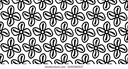 This image features a seamless pattern of stylized, outlined flowers. Each flower has five rounded petals and a central dot, creating a whimsical and graphic design.