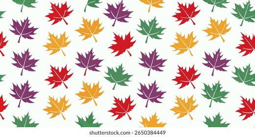 This image features a seamless pattern of vibrant, stylized maple leaves in red, purple, orange, and green, scattered across a clean white background.