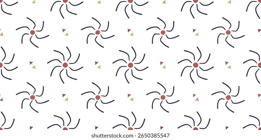 This image features a seamless pattern of stylized pinwheel or starburst motifs. Small triangular shapes are interspersed between the main elements, creating a playful and abstract design.
