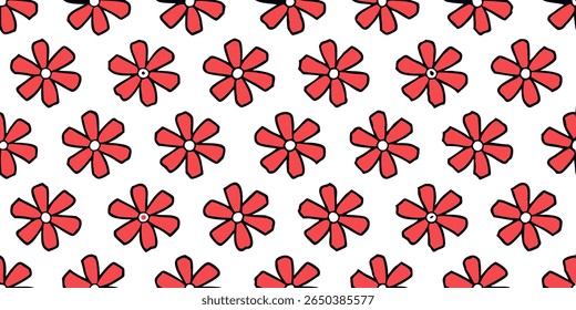 This image features a seamless pattern of stylized red flowers, each with five petals and a white center, outlined in black, set against a clean white backdrop.