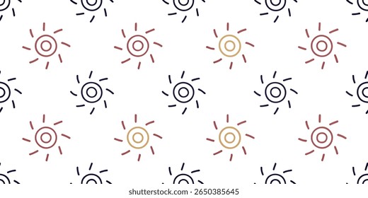 This image features a seamless pattern of simple, line-drawn suns. The suns are depicted in alternating colors of red, yellow, and dark blue against a clean white backdrop.