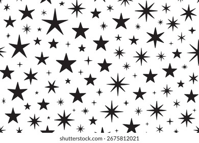 This image features a seamless pattern of hand-drawn black stars in different sizes and styles, creating a playful and energetic background for creative projects.