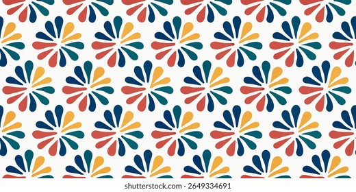 Esta imagem apresenta um padrão contínuo e repetitivo de elementos florais ou estelares estilizados. Cada elemento consiste em múltiplas formas coloridas de lágrimas irradiando de um ponto central.