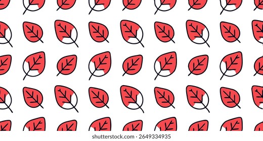 This image features a seamless, repeating pattern of simple, stylized red leaves. Each leaf has a bold black outline and a stem, creating a clean and modern aesthetic.