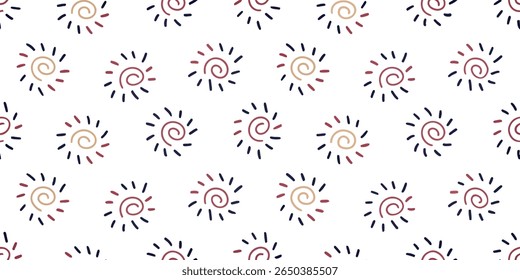 This image features a seamless, repeating pattern of simple, hand-drawn suns. The suns have a central spiral and are colored in shades of red, tan, and navy blue.