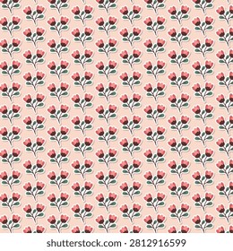 This image features a seamless, sticker-style botanical pattern with tightly packed rows of identical dark stems branching into two small, deep rose-pink tulip buds with sage green leaves. Set against a warm peach backdrop, each illustrated plant element is outlined with a crisp white border to create a playful, dimensional surface design perfect for modern nursery decor, quilting fabric, and whimsical paper goods.