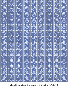 This image features a seamless traditional textile-inspired pattern composed of repeating vertical stripes on a soft blue background. White geometric motifs resembling diamonds, interconnected knots, and ornamental shapes are arranged symmetrically along each stripe, accented with small yellow diamond elements. The balanced repetition and clean linear structure create a harmonious and elegant design that reflects cultural heritage, craftsmanship, and traditional woven fabric aesthetics. The pattern is suitable for textiles, wallpapers, decorative surfaces, and ethnic-inspired design projects.