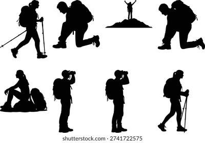 This image features a series of black silhouette figures depicting various outdoor activities. The figures show hiking with trekking poles, kneeling possibly for setting up camp or taking a break, using a camera, climbing a small hill or rock formation, and carrying backpacks. These silhouettes capture the essence of hiking, camping, and exploration in nature.