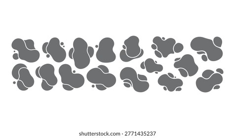 This image features a series of black, abstract shapes against a white background, resembling organic blobs or ink blots.