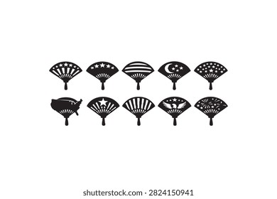 This image features a series of black hand fan silhouettes, each displaying a unique design including stars, an eagle, and patriotic imagery. The vector illustrations are set on a transparent background, offering designers versatility for integration into various projects.