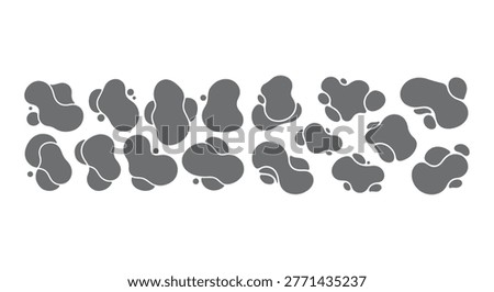This image features a series of black, abstract shapes against a white background, resembling organic blobs or ink blots.