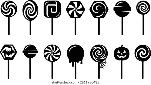 This image features a set of 12 black and white illustrations of various lollipops and candies on sticks, perfect for Halloween-themed decorations or treats.
