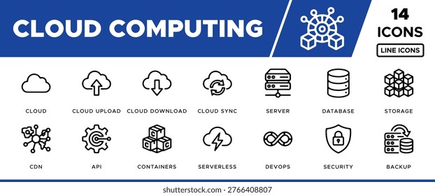 This image features a set of 14 cloud computing icons, including cloud upload, cloud download, cloud sync, server, database, security, backup, AI, containers, serverless, devops, CDN, edge, and firewall. The icons are presented on a clean white background, making it easy to focus on the symbols and their meanings. 