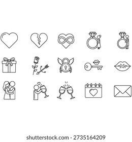 This image features a set of 16 romantic icons and symbols commonly associated with Valentine's Day, including hearts, gifts, roses, and couples. The simple line drawings are perfect for use in digital and print materials, such as greeting cards, invitations, and social media posts, to express love and affection.