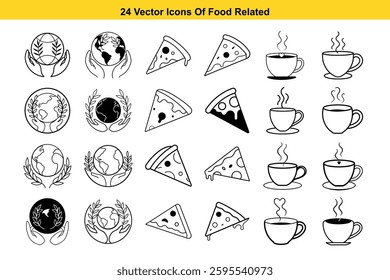 This image features a set of 24 vector icons related to food.  The icons are cleanly drawn in black and white line art, creating a minimalist yet appealing aesthetic.