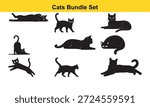 This image features a set of black cat silhouettes in different poses and actions The cats are depicted in various stances including walking running lying down and stretching Each cat is isolated on a transparent background making it suitable for various design applications The silhouettes are simple and elegant highlighting the cats forms and movements clearly